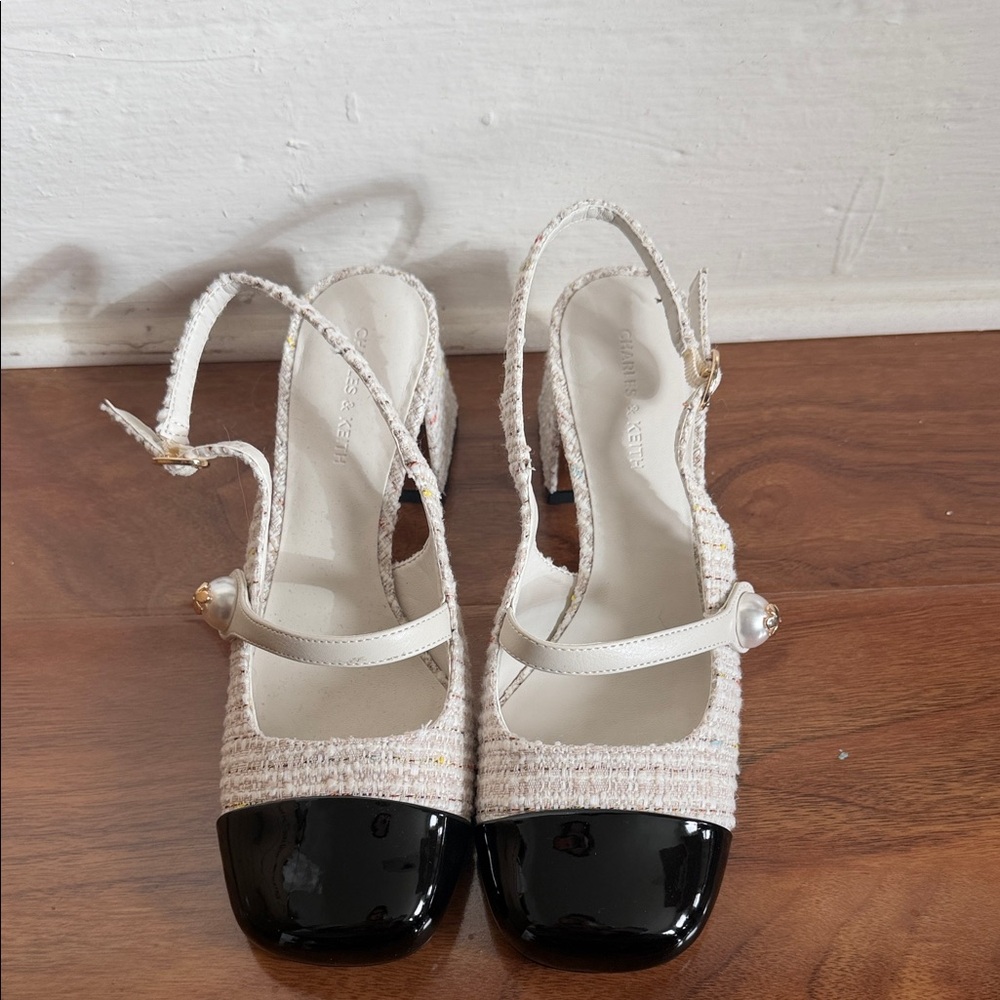 NEW Charles & Keith Women's Black and Cream Slingback Heels